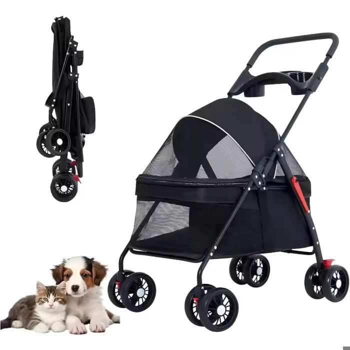 Meilleurs prix pour Poussette pour Chien Pliable，Poussette Pliable à 4 Roues，avec Porte-gobelet，panier de rangement pour chat et chien noir