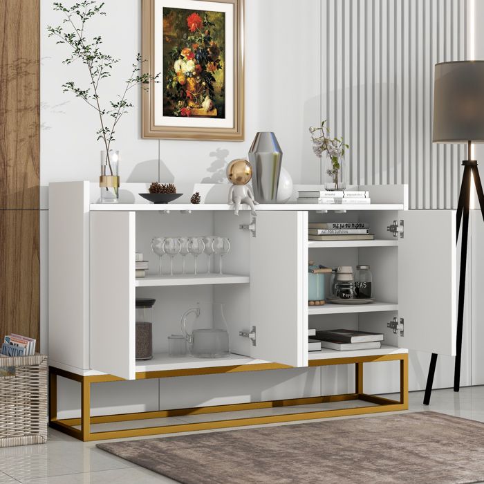 Buffet moderne de style minimaliste 4 portes sans poignées pour salle à manger salon cuisine (blanc)
