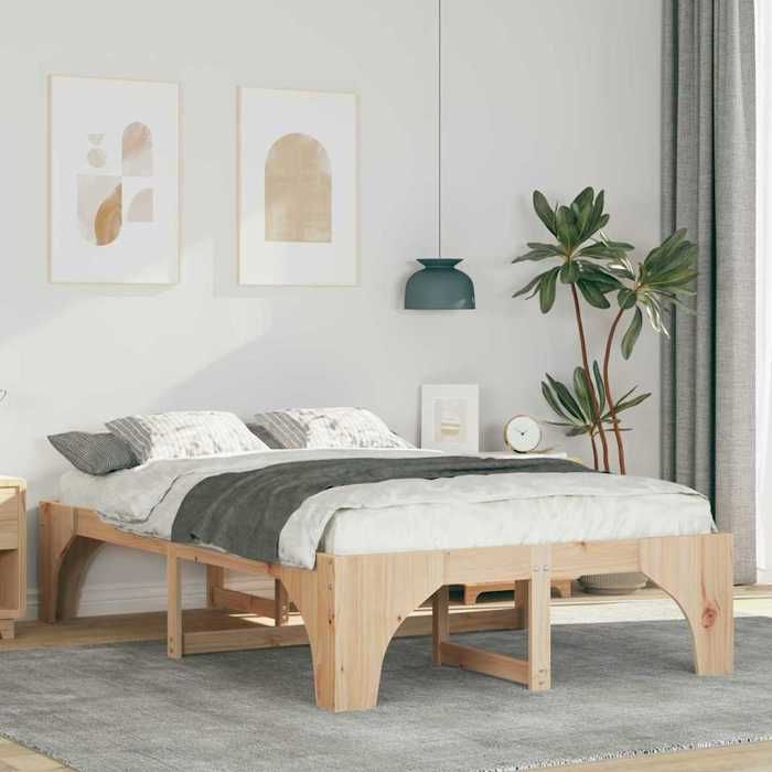 Cadre de lit surélevé Double - sans matelas - sommier au sol Marron 140x190 cm - bois massif en pin - 197x147x40 cm 6558097