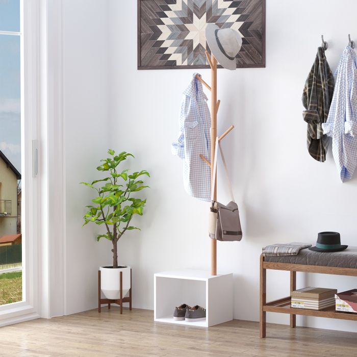 Meuble rangement porte-manteaux 2 en 1 design contemporain cosy dim. 40L x 30l x 180H cm MDF blanc bois massif bambou