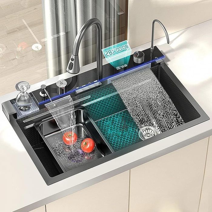 Évier Cuisine 1 Bac 60×45×18CM Évier Cuisine Inox Noir Avec Panier De Drainage Montage Sur Dessus Montage A Plat 97021144