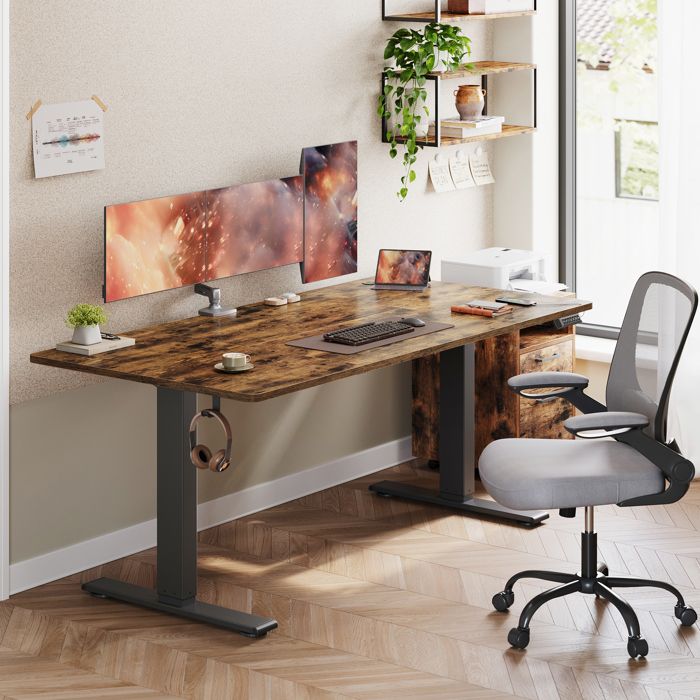 Bureau Assis-debout Réglable en hauteur 160 x 80 cm avec Port USB-C Fonction Mémoire 3 Hauteurs Marron