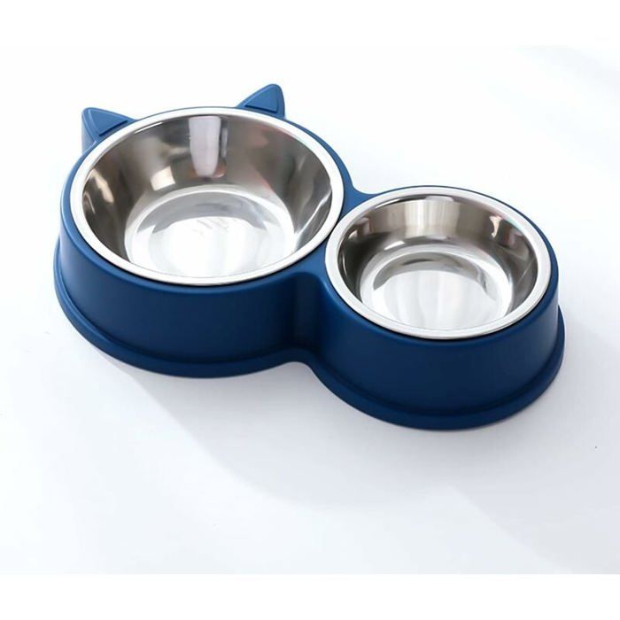 Gamelle double en acier inoxydable - MICH - 30x14/11x5 cm - Bleu - Antidérapant - Surélevé - Facile à nettoyer