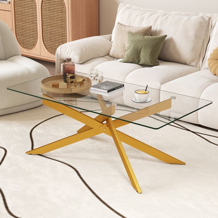 Table Basse en Verre Trempé COSTWAY 120 x 60 x 455cm Table Rectangulaire de Salon Pieds Tubulaire en Métal Table Basse Salon Or