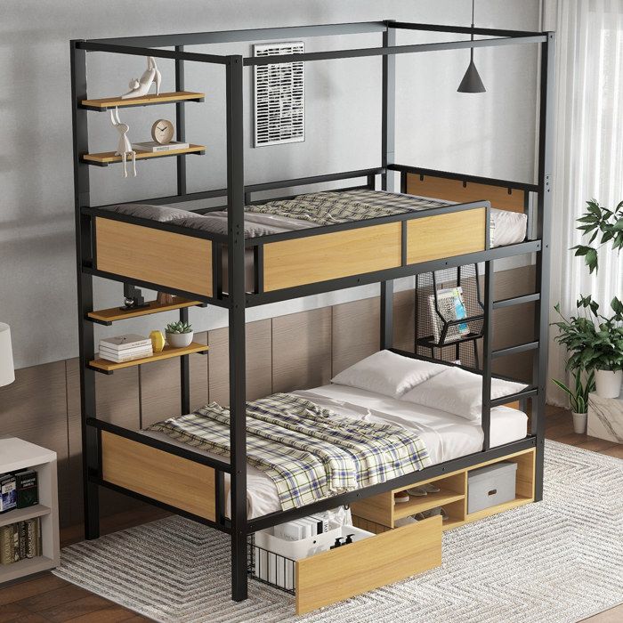 Lit superposé enfant 90x200 cm avec rangements étagères latérales tiroirs à roulettes métal + MDF noir/naturel