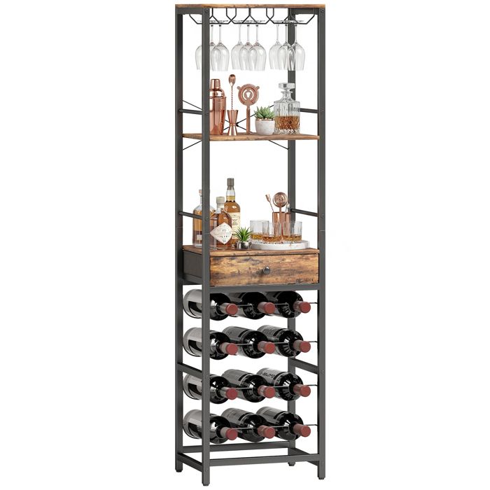 Casier à bouteilles - HOMCOM - pour 12 bouteilles - étagère ouverte et tiroir - cadre en métal - 40 x 30 x 148 cm - brun rustique