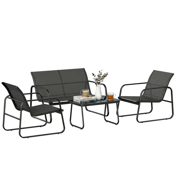Salon de jardin - Outsunny - canapé fauteuils - table basse - verre trempé - 4 pièces - gris et noir