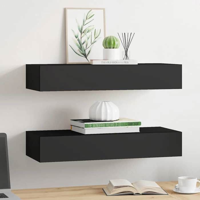 Noir Étagère Dentrée - design mural - SWEETY Étagères à tiroirs murales 2 pcs - Noir 60x23 5x10cm MDF CL63552566648