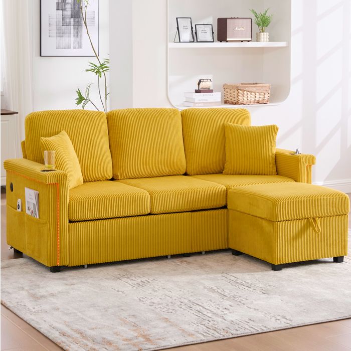 Canapé 3 places 194x73x81 cm avec LED ports USB/Type-C 2 tiroirs à roulettes poches latérales velours côtelé jaune moutarde
