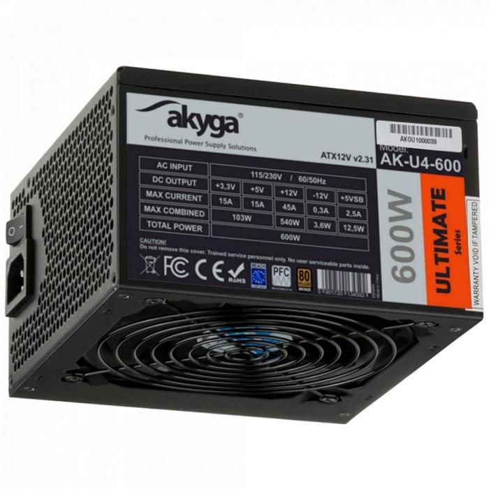 Alimentation ATX 600 W Akyga Ultimate AK-U4-600 certification Bronze 80+ ventilateur 12 cm P8 6 ports SATA