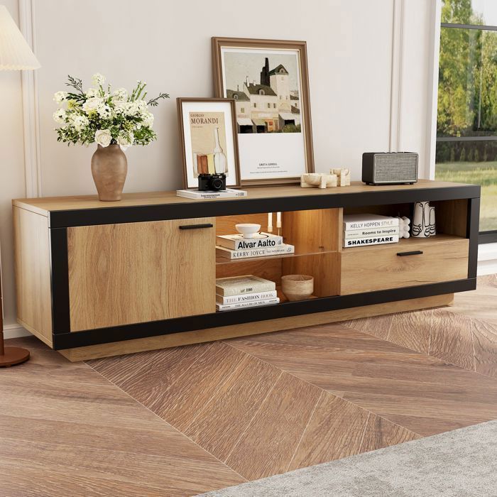 MODENUIT Meuble TV LED 160×40×50 cm avec étagère en verre pour salon chambre console TV avec rangement noir et chêne