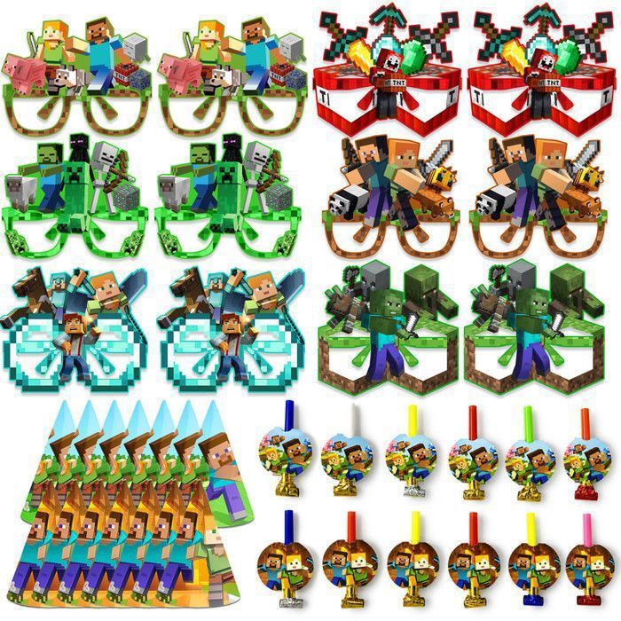 Décoration de fête - INBOXXARTY - Kit Minecraft 36 pièces - Multicolore - Lunettes chapeaux cornes - Pour 12 enfants