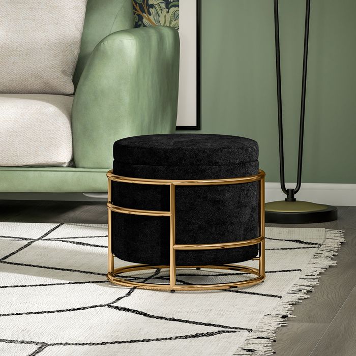 Pouf avec rangement rembourré noir cadre en métal doré repose-pieds