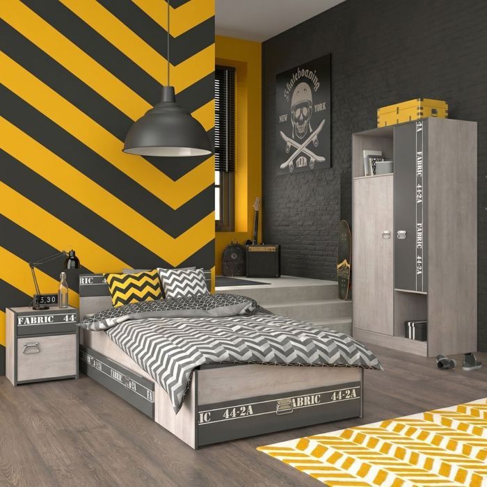 Chambre lit 90x200 avec tiroirs + 1 chevet + 1 armoire aspect bois grisé - ZIGGY Chambre lit 90x200 avec tiroirs + 1 chevet + 1 armoire aspect bois grisé - ZIGGY