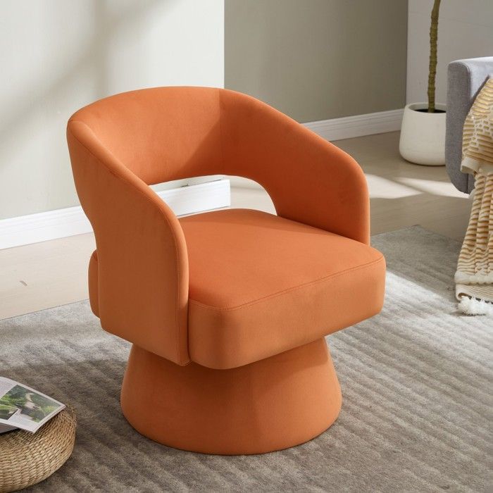 Fauteuil tonneau pivotant 360° velours orange 66x68x75cm dossier ouvert base métal pour salon chambre bureau
