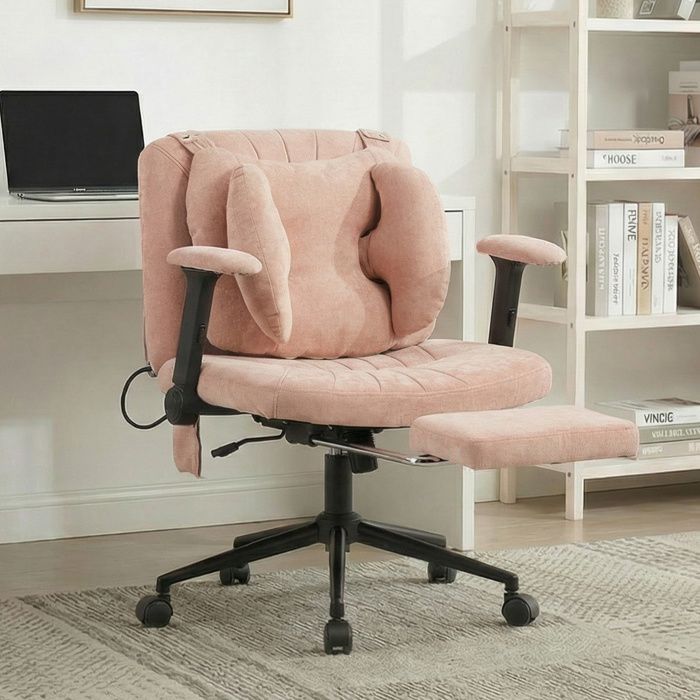 Fauteuil de bureau pivotant EVRYAE en tissu rose hauteur réglable repose-pieds accoudoirs roulettes 150 kg