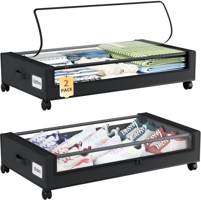 Boîte Rangement Sous Lit - Lot de 2 - Tissu Non Tissé - Avec Roues Et Zip - Pour Vêtements Et Linge - 48L Noi LAMPE POLYCHROMATIQUE