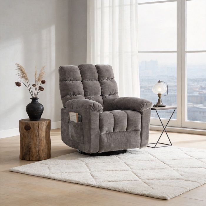 Fauteuil Massant Inclinable Électrique et Pivotant à 360° - Fauteuil Chauffant en Chenille Capitonné Gris - Pour personnes âgées
