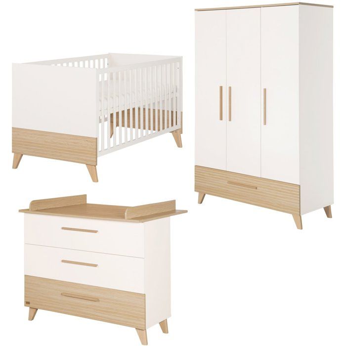 Chambre bébé complète - ROBA - Theo - Lit évolutif 70x140 + Commode à langer + Armoire 3 portes - Blanc/Chêne