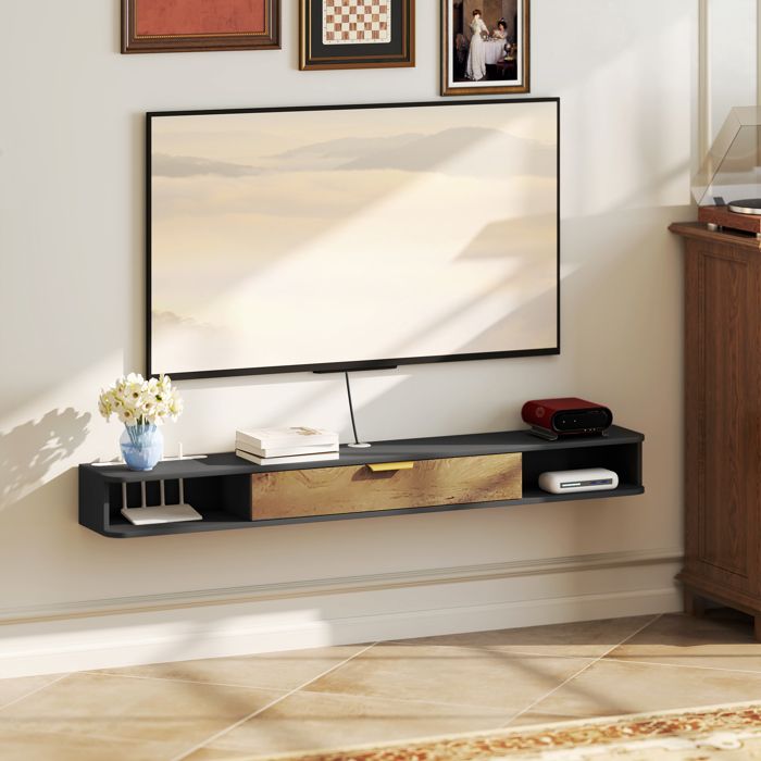Meuble TV - PAGE LIVING - 160x16x24 cm - Suspendu - MDF gris - Compartiments ouverts & porte rabattable