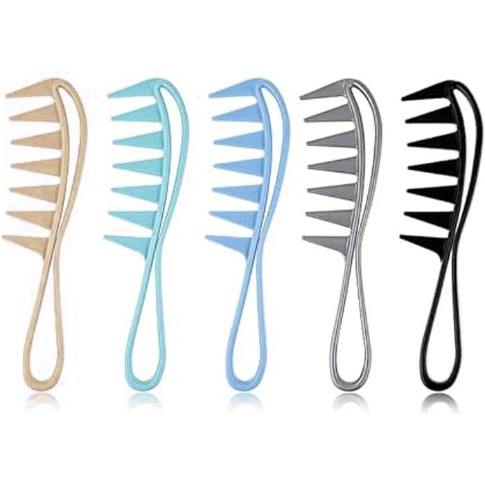 Lot de 5 grands peignes à dents larges pour cheveux bouclés épais et ondulés - Démêlant douche coiffure salon homme et femme.