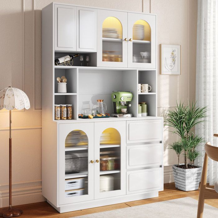 VUENOR Buffet haut blanc 106 x 30 x 175 cm avec LED contrôlée par application et 3 tiroirs