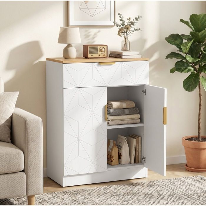 Buffet moderne blanc et aspect bois 60 x 32 x 82 cm avec 1 tiroir 2 portes et 2 étagères réglables