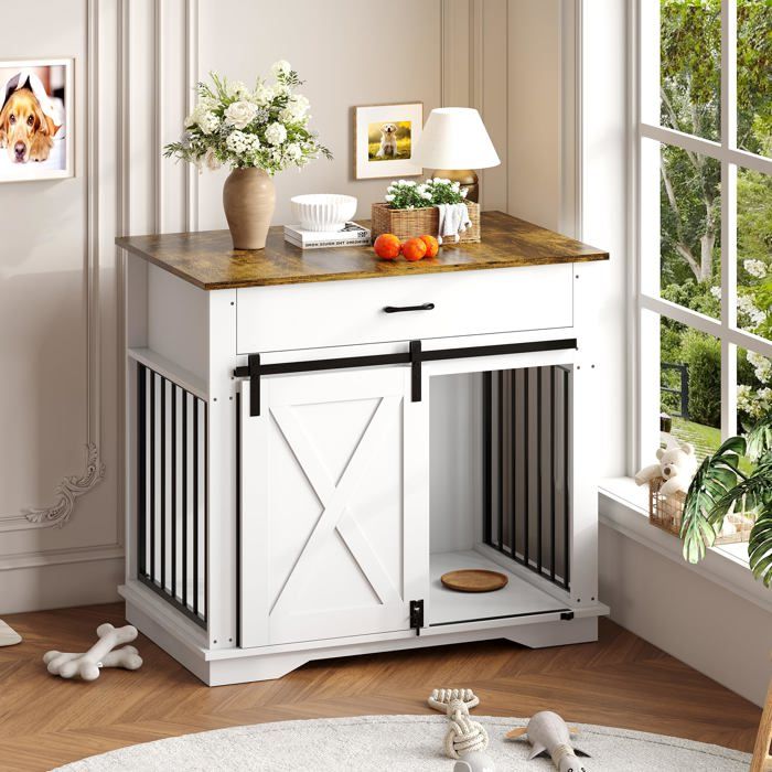 Meuble cage chien 38in bois porte coulissante grange