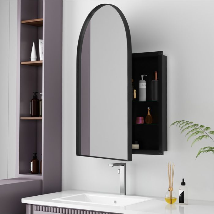 ELVORIN Armoire miroir arqué 91 x 61 x 12 cm noir cadre métal étagères réglables murale ou encastrée