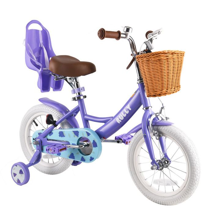 Velo Enfant Rully 005 16 Pouces Violet - Vélo Fille 4-7 Ans avec Panier Porte-Poupée et Cadre Acier Robuste