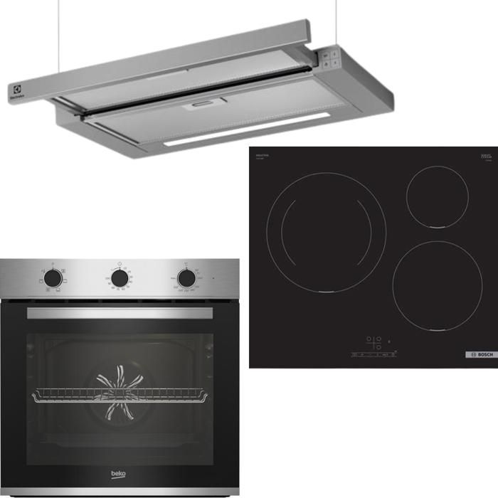 PACK CUISSON four BEKO + plaque induction 3 foyers BOSH + Hotte téléscopique ELECTROLUX