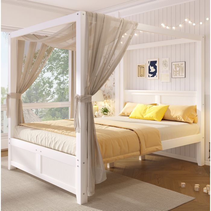 SENVIRO Lit à baldaquin 140 x 200 cm blanc bois et MDF lattes verticales sommier inclus sans matelas