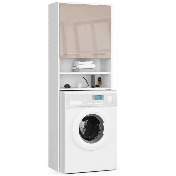 Mueble pour machine à laver Blanche 64 cm 2 portes façade Cappuccino Brillant 4 étagères 64x30x180 cm