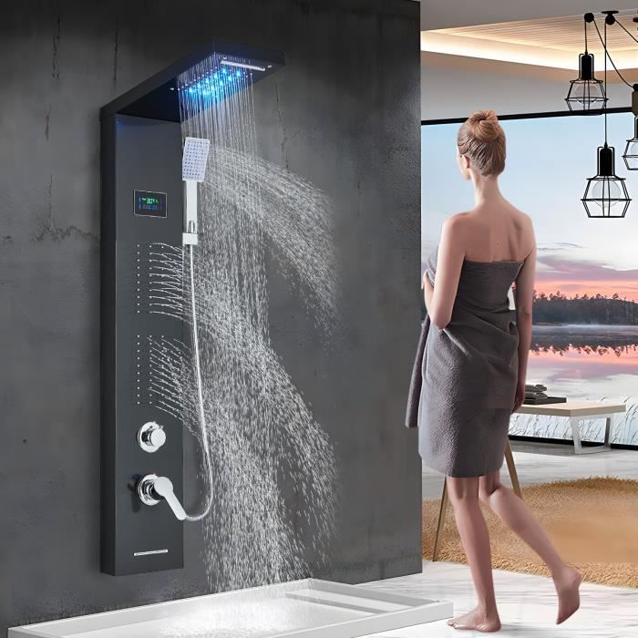LED shower column 5 function water mode shower panel waterfall with rear spray rainwater shower bathtub with temperature display