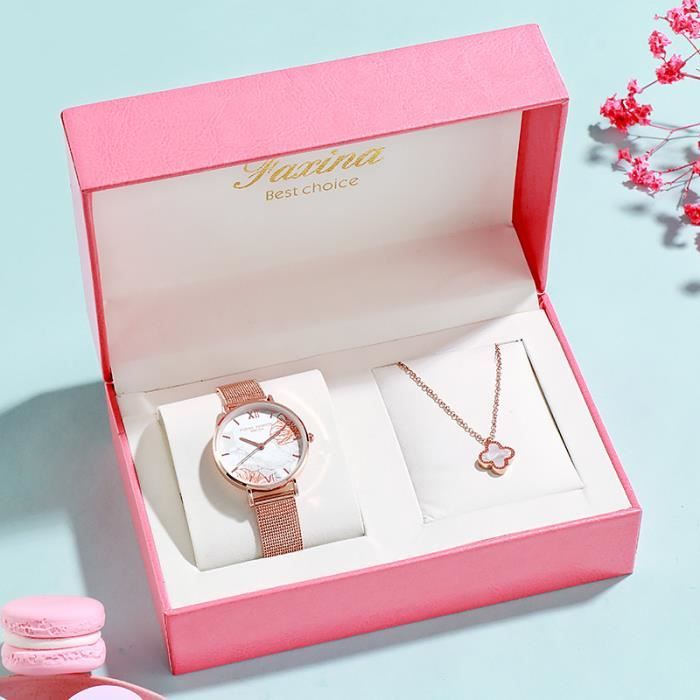 Coffret Cadeau Montre femme fille jeunes - Montre mode - Bracelet cristal  cuir - Montre à quartz - Boîte-cadeau - rose