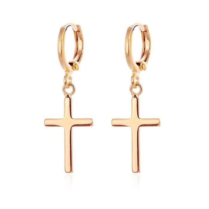 Boucles d/'oreilles anneau créole en vrai plaqué or avec croix homme femme neuf