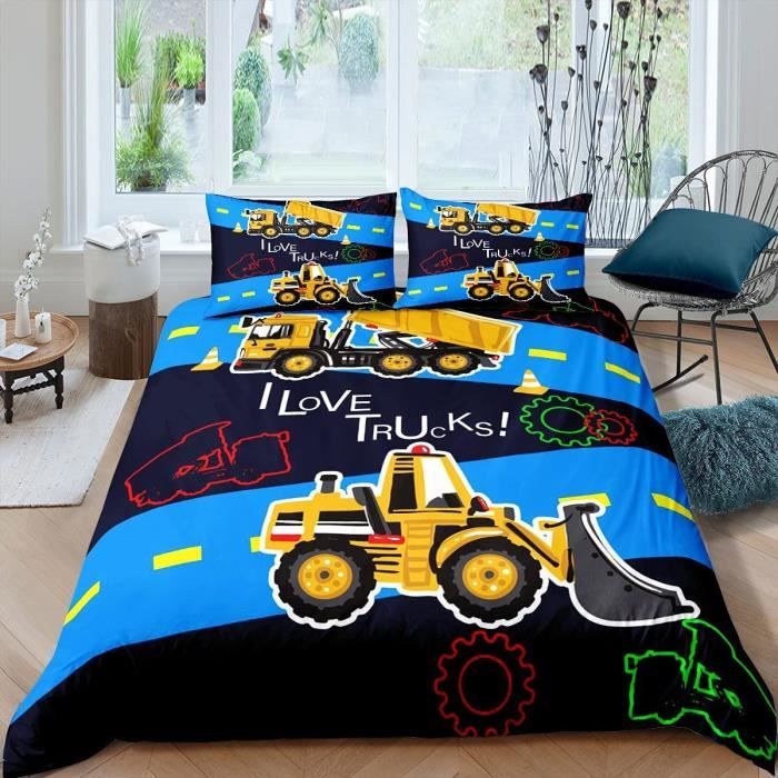Housse de Couette 140x200 Garcon de camion bleu Parure de Lit Imprimee 3D avec 2 Taies D oreiller 65x65 cm Cdiscount Maison