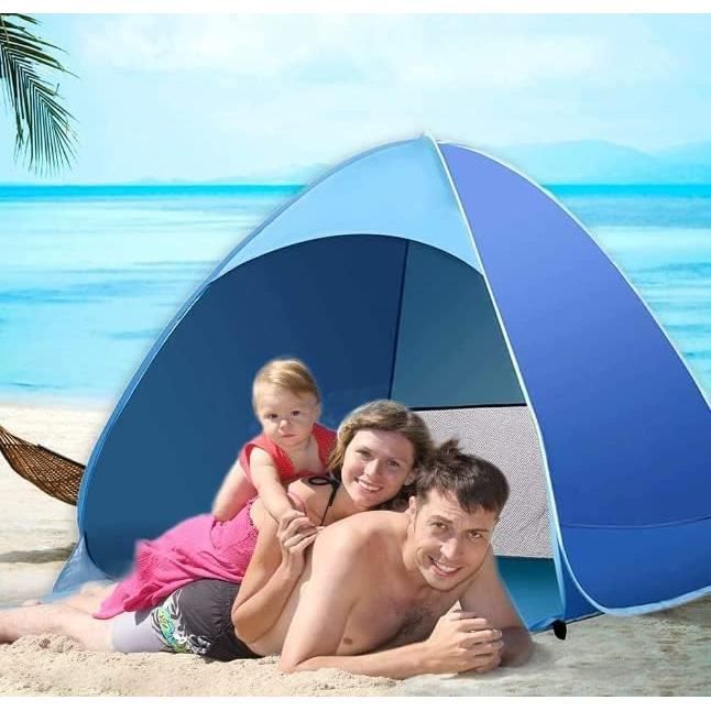 Tente De Plage Pop-up UV 50+ – Coupe-vent, Porte Zippée, Pour 3-4 Personnes, Bleue