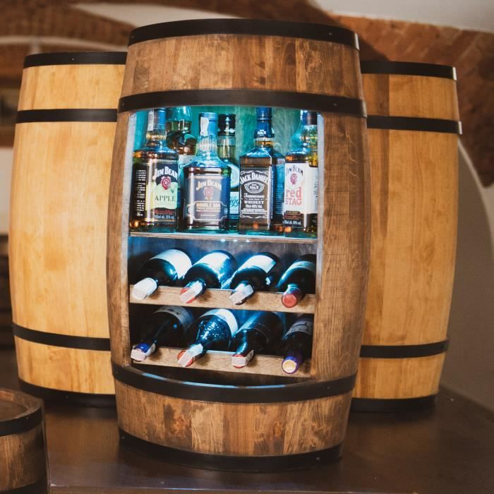 Tonneau à Alcool En Pin Brossé Avec Porte - Meuble Bar Pour Vin, Whisky - Fabriqué Main, Style Rustique - Couleur Olive Foncé - À Assembler