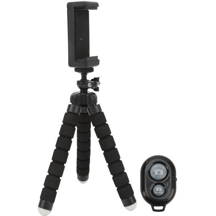 Trépied pour téléphone portable GOTOTOP - Support de clip en éponge flexible avec télécommande sans fil - Noir