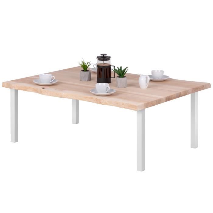 table basse en bois massif - lamo manufaktur - modèle classic - bord naturel biseauté - pieds métal blanc