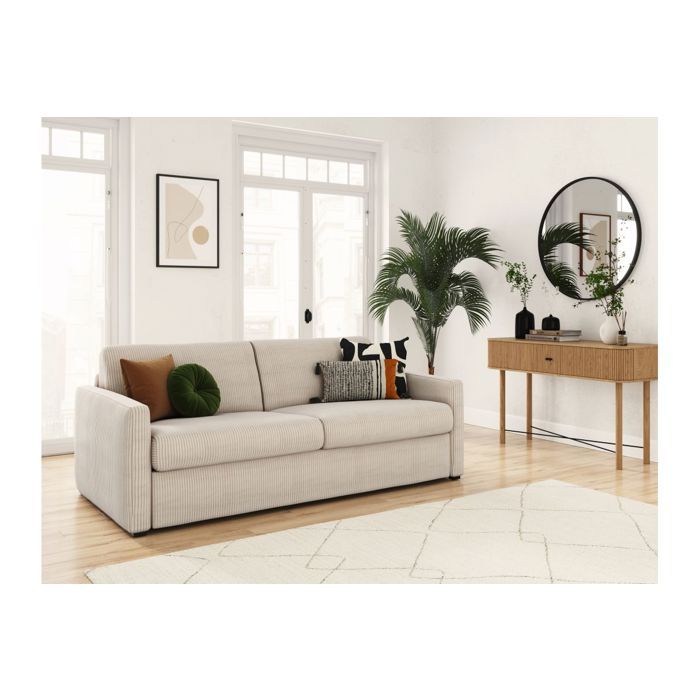 Canapé convertible express 3 places AGATHE 160x190cm en velours côtelé - Beige - Matelas 13cm - L198 x P96 x H88cm - LOUNGITUDE