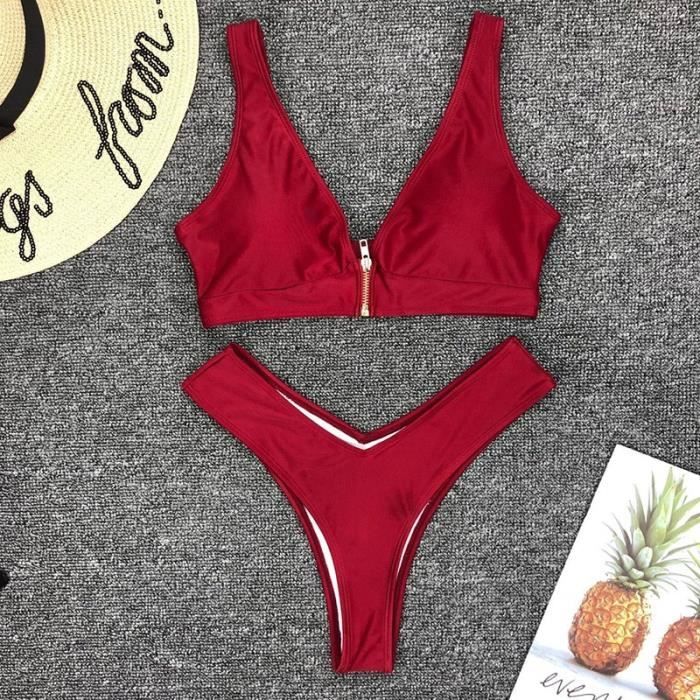 MAILLOT DE BAIN Maillot de bain deux pieces Sexy noir et blanc avec fermeture eclair soutien gorge Push Up culotte Type Rouge Blanc Cdiscount Pret a Porter