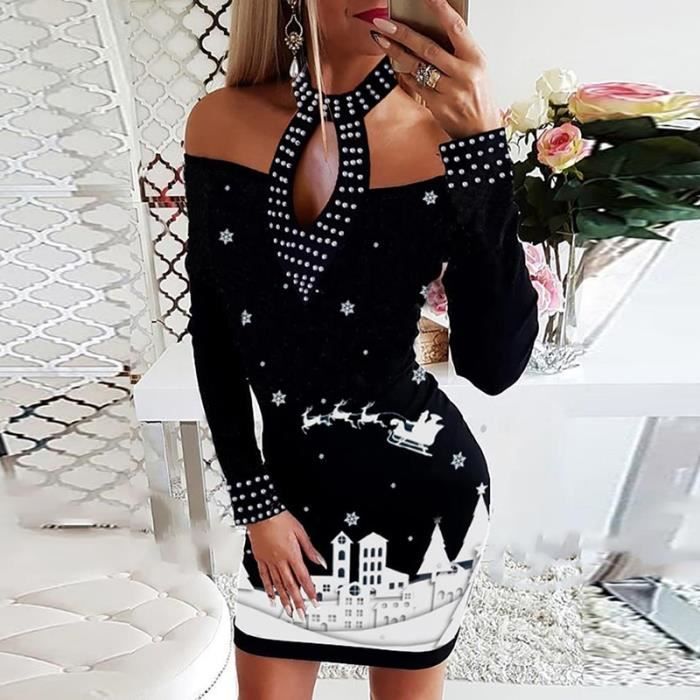 Robe Noel automne Wapiti Imprimer Elegant a manches longues Robes de soiree femmes Blanc Cdiscount Pret a Porter