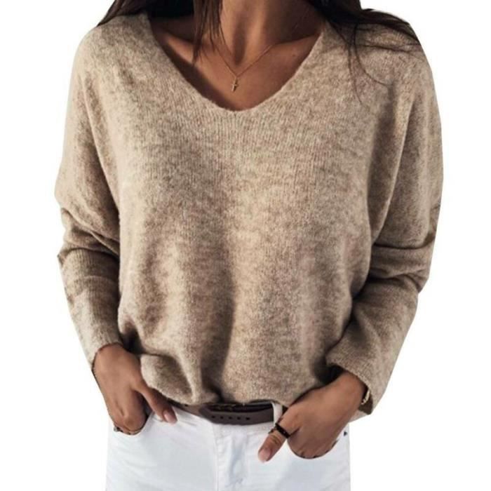 Beige Pull pour femmes manches longues col en V en tricot