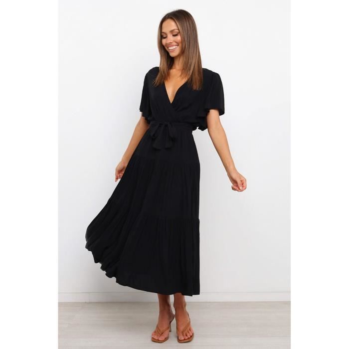 femme robe été mi-longue manches courtes robe col en v robes casual été plage floral robe de plage rétro chic maxi robe,noir,xl