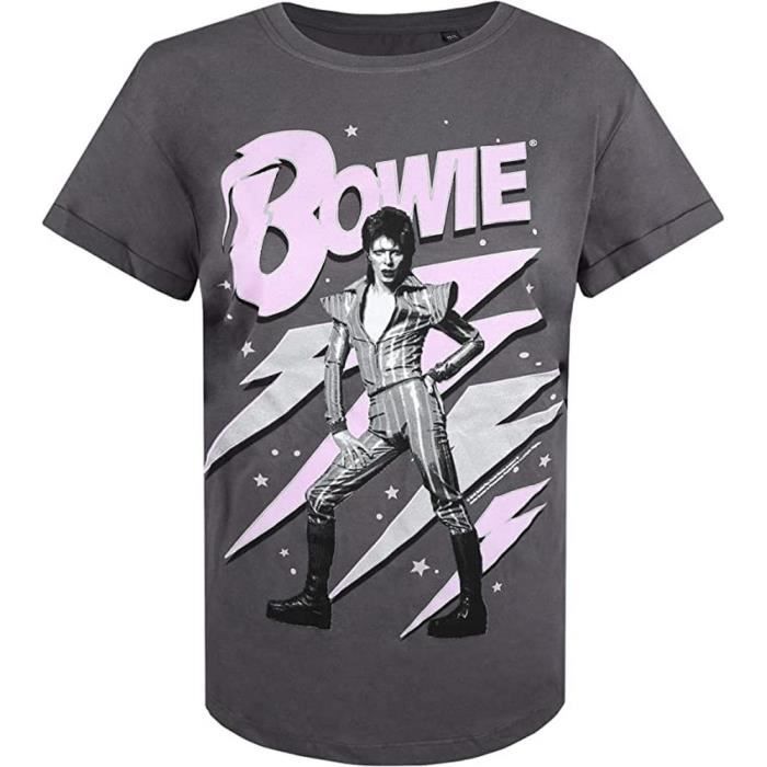T shirt Femme David Bowie Ziggy Stardust Eclair Logo Etoiles 100 Coton Anthracite violet Cdiscount Pret a Porter