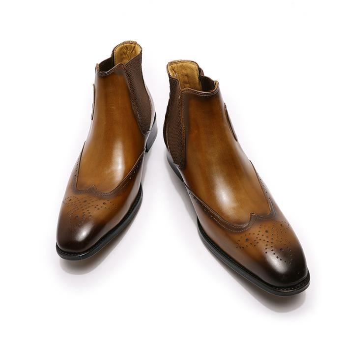 Bottines Chelsea Homme En Cuir Véritable - Style Formel Et Décontracté, Semelle Caoutchouc, Tailles 38-46