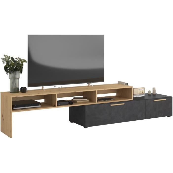 meuble tv raw - décor chêne et steam black - 1 abattant + 1 tiroir - 4 modulations au choix - l250 x h 50 x p 46.6 cm