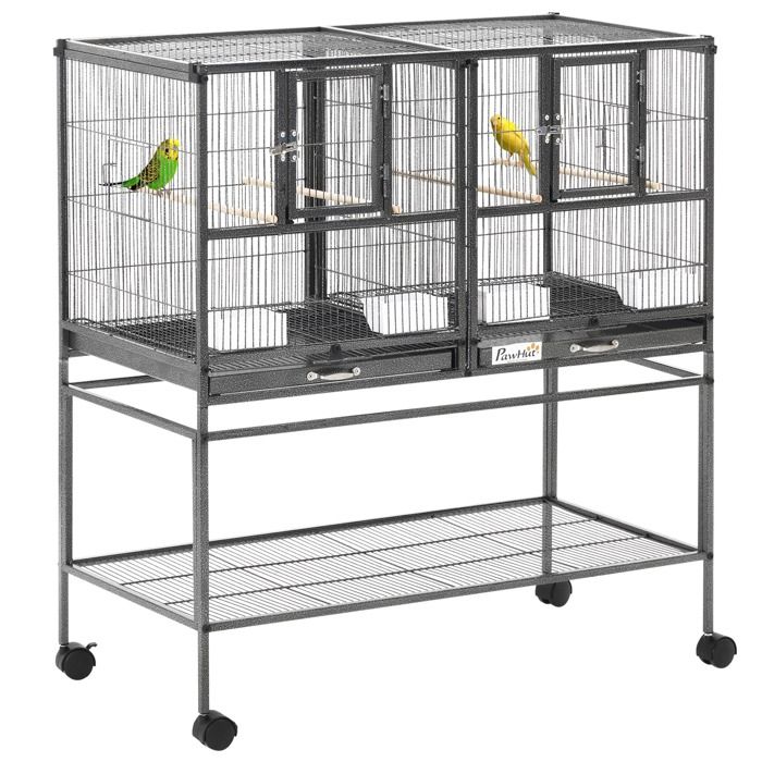 Cage &agrave; oiseaux avec s&eacute;paration mangeoire et perchoir 95L x 45l x 102H cm Noir et Gris